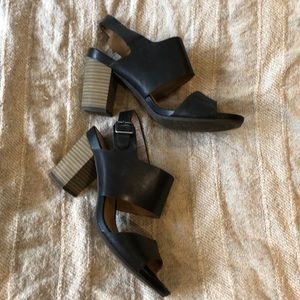 Clarks Black Leather Heeled Sandal with Buckle